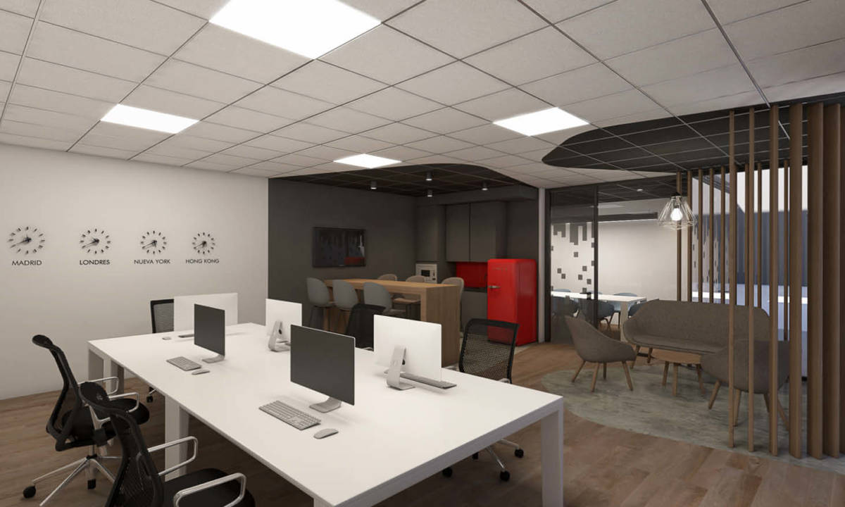Sala comunitaria en un coworking diseñada de forma que contribuya a la colaboración 