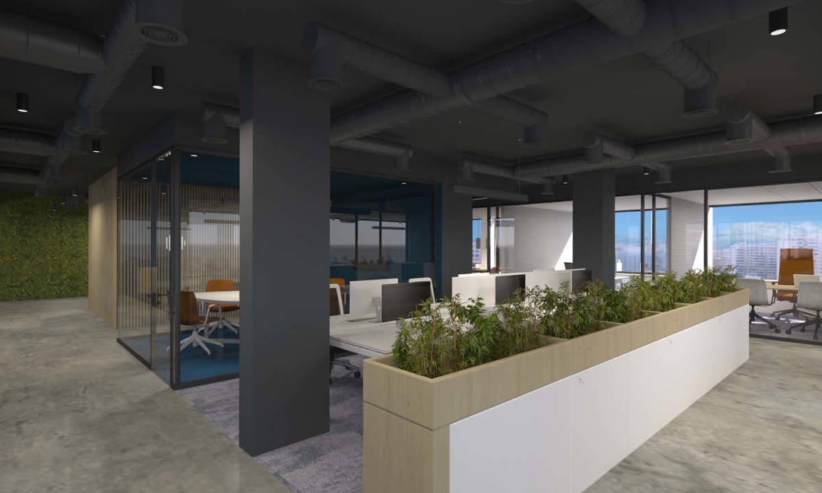 Zona de trabajo en un coworking con diseño biofílico