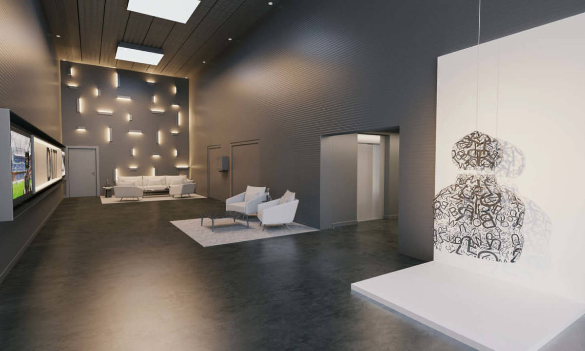 Zona común en la entrada de un coworking con diseño contemporáneo