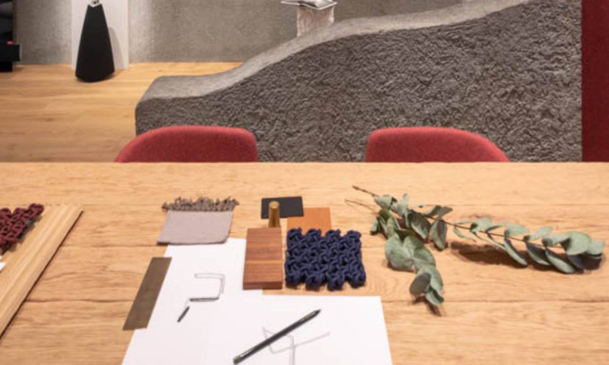 Moodboard de diseño de oficina con diferentes materiales y acabados