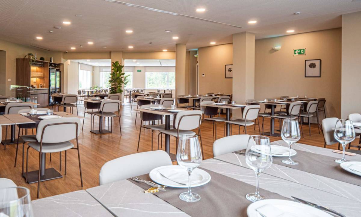 Comedor de zona de desayunos y cafetería de hotel con mobiliario seleccionado