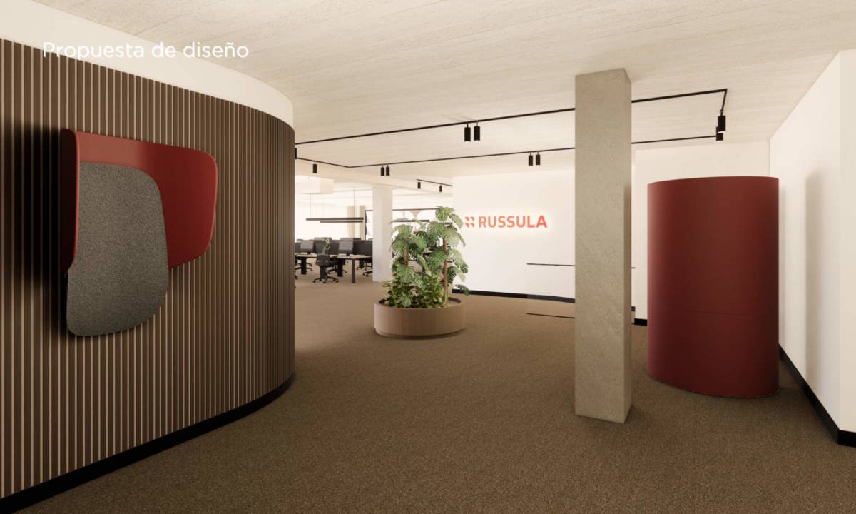 Propuesta de diseño_ Hall de entrada con lamas de madera y rótulo corporativo