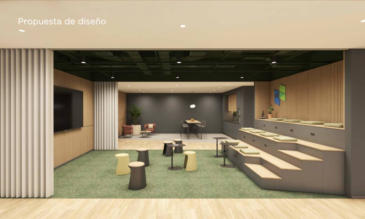 Antes y Después_Propuesta de diseño de zona de ágora en oficina en Madrid