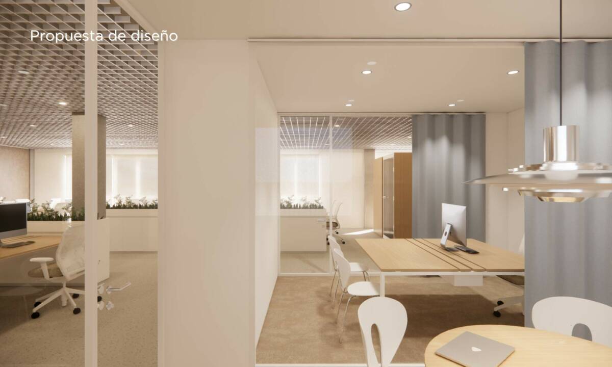 Propuesta de diseño_Espacio de trabajo abierto en tonos claros con mobiliario estándar