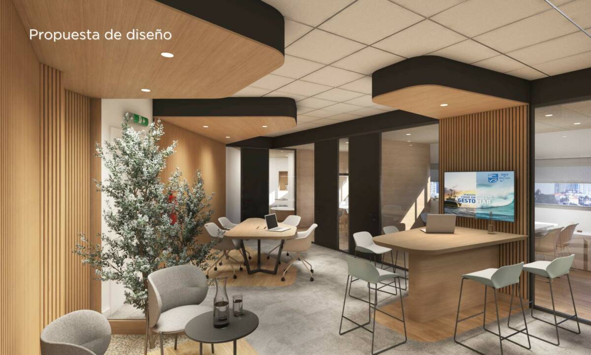 Render de oficina en Galicia_ Espacio de trabajo con carpintería a medida fabricada en taller propio