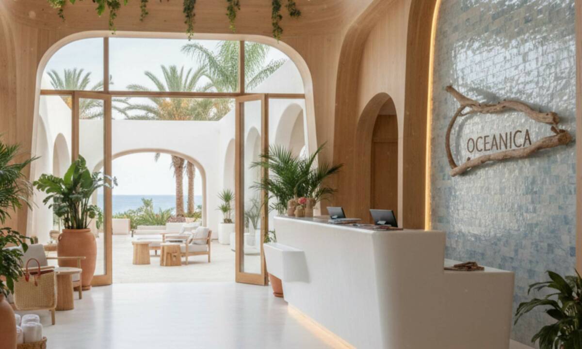 Zona de entrada en hotel con tonos beige y azules con mostrador a medida y grandes ventanales