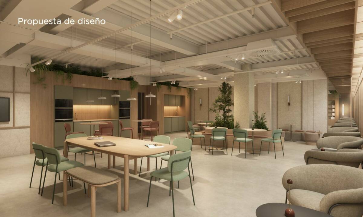 Cocina común con mobiliario a medida y zonas colaborativas con mobilario