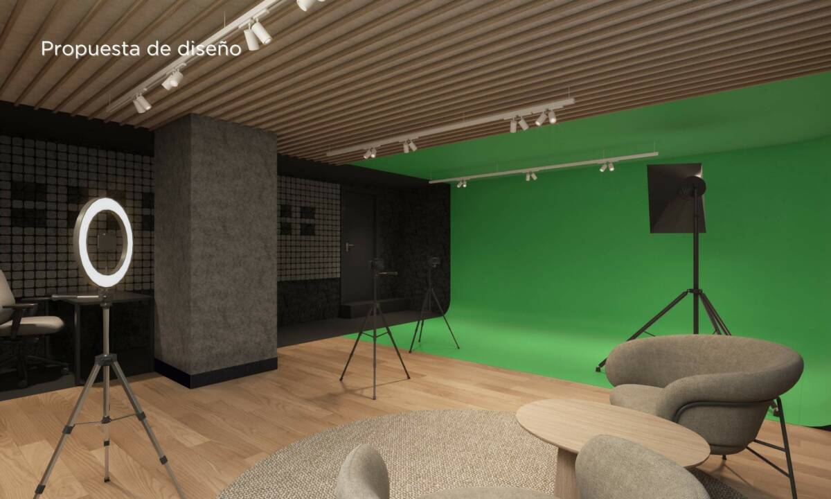 Render de diseño con chroma key y mobiliario a medida