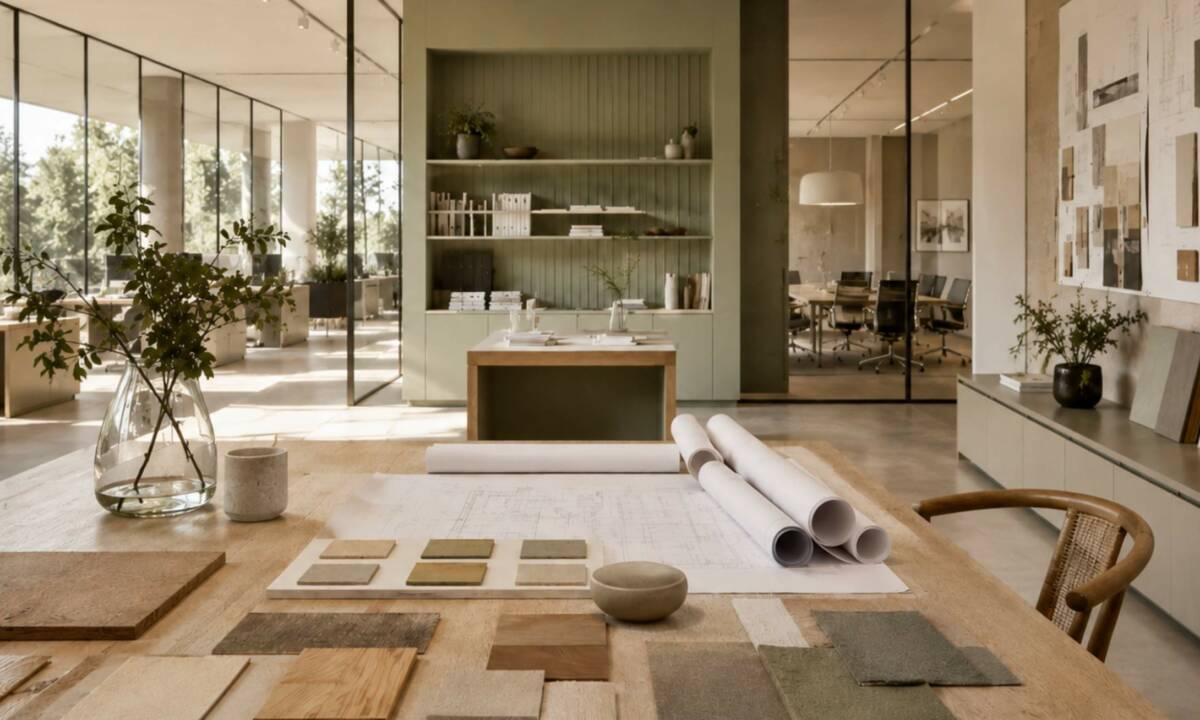 Moodboard de materiales sostenibles en espacio común de oficina de diseño y arquitectura