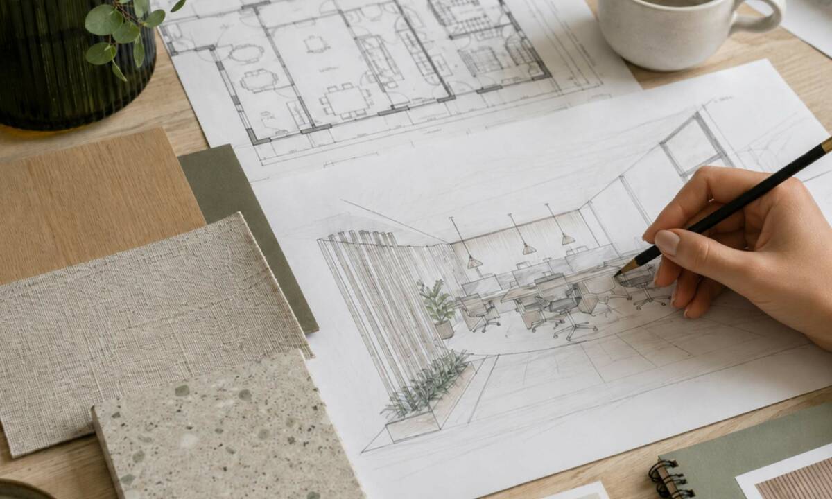 Diseño de espacio biofílico con arquitectos trabajando en el plano