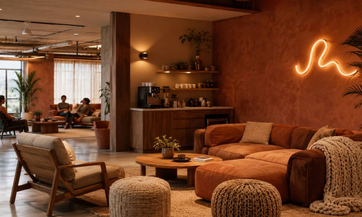 Espacio común en edificio coliving con coffee point de carpintería a medida y zona de soft seating en tonos naranjas