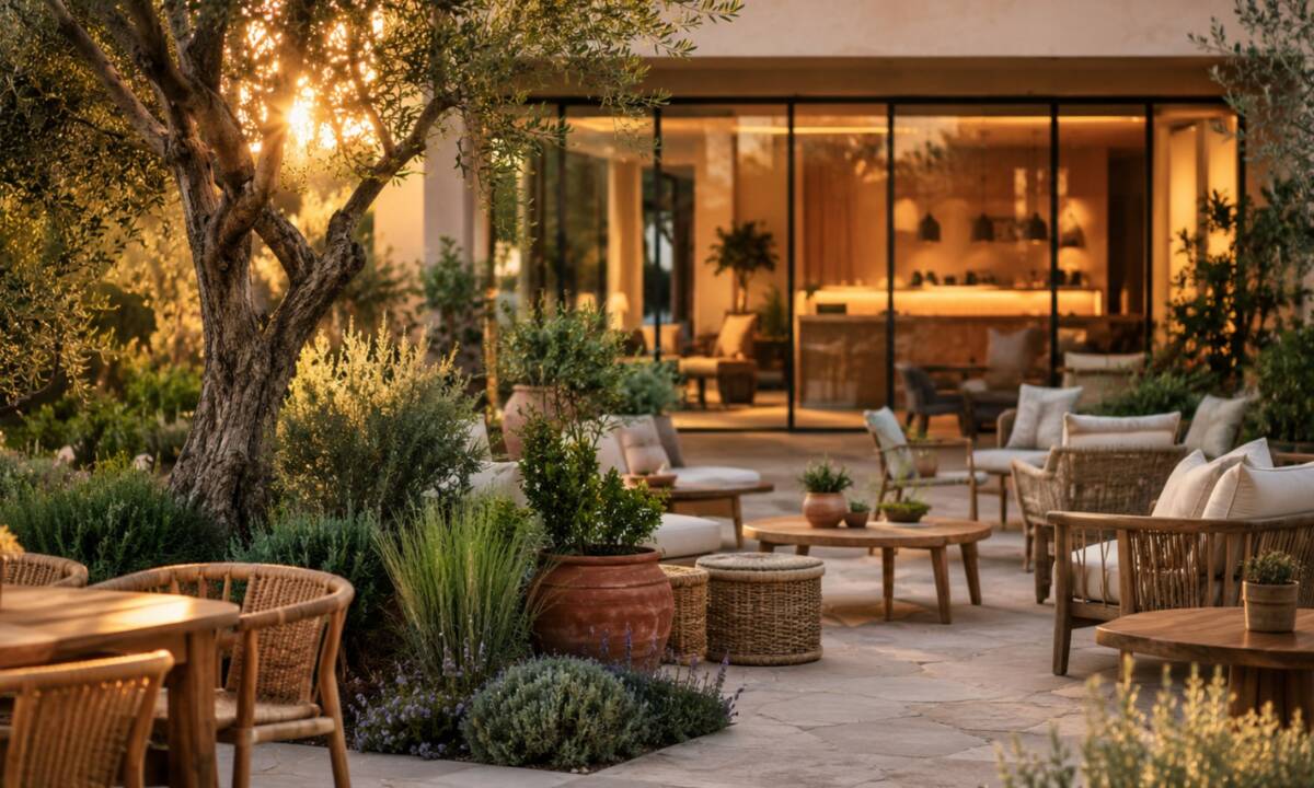 Zona exterior de jardín en hotel con espacio de cafetería equipada con sillas y mesas, y recepción al fondo con mobiliario como mostrador, butacas y sofás en tonos claros