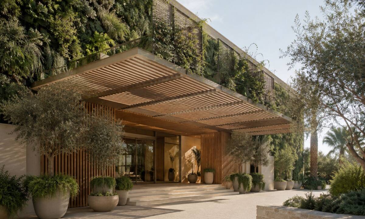 Entrada exterior de hotel con vegetación sobre entramado de madera y equipamiento sostenible