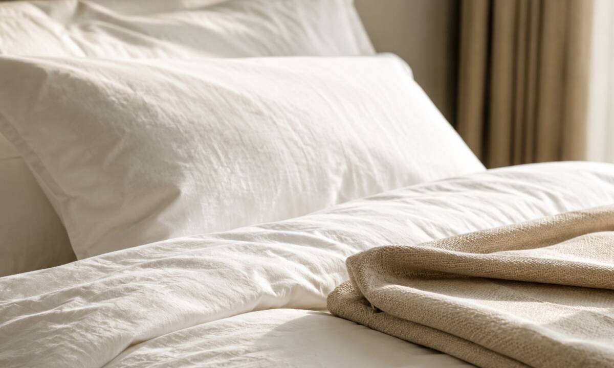 Detalle de textil de cama de hotel con sábanas y textiles de color blanco