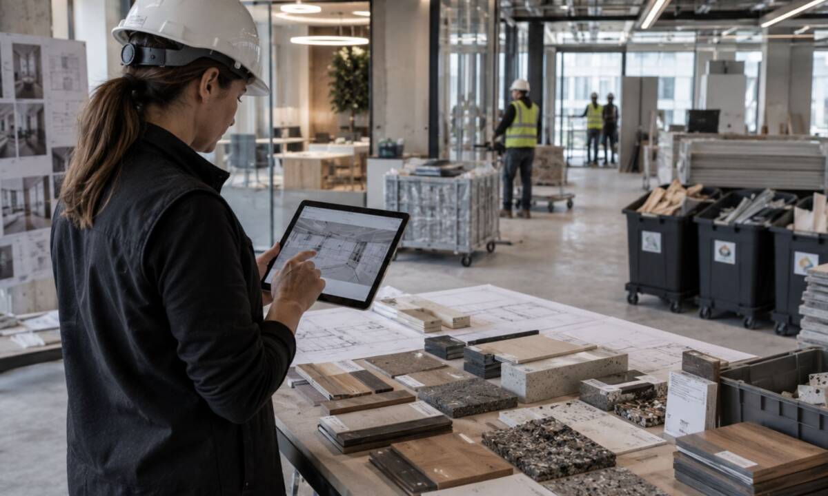 Equipo de diseño en oficina con tonos nogal analizando materiales y soluciones para un proyecto de construcción sostenible, trabajando con muestras y elementos de construcción