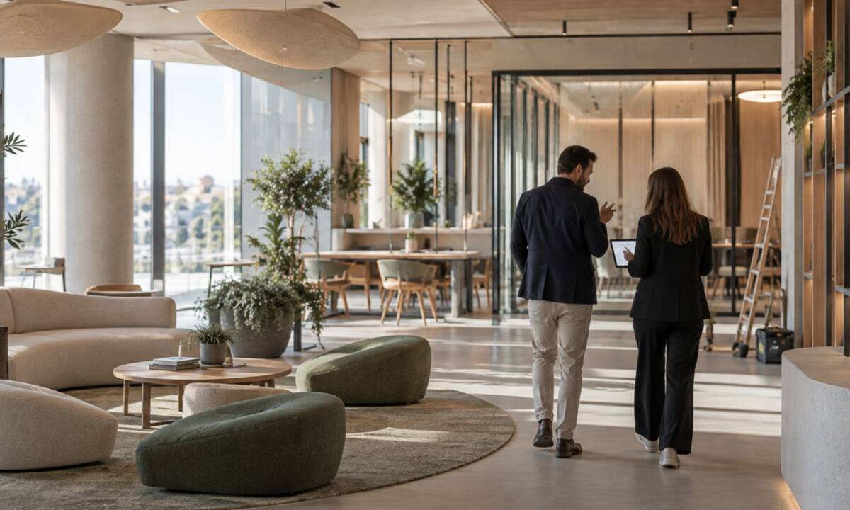 Equipo técnico revisando un proyecto de arquitectura interior en su fase final de ejecución y entrega