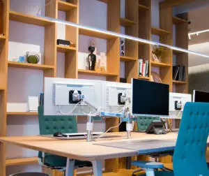 Oficina con estilo natural, estantería de madera con decoración y atrezzo. Puestos operativos con pantallas de ordenador y tecnología