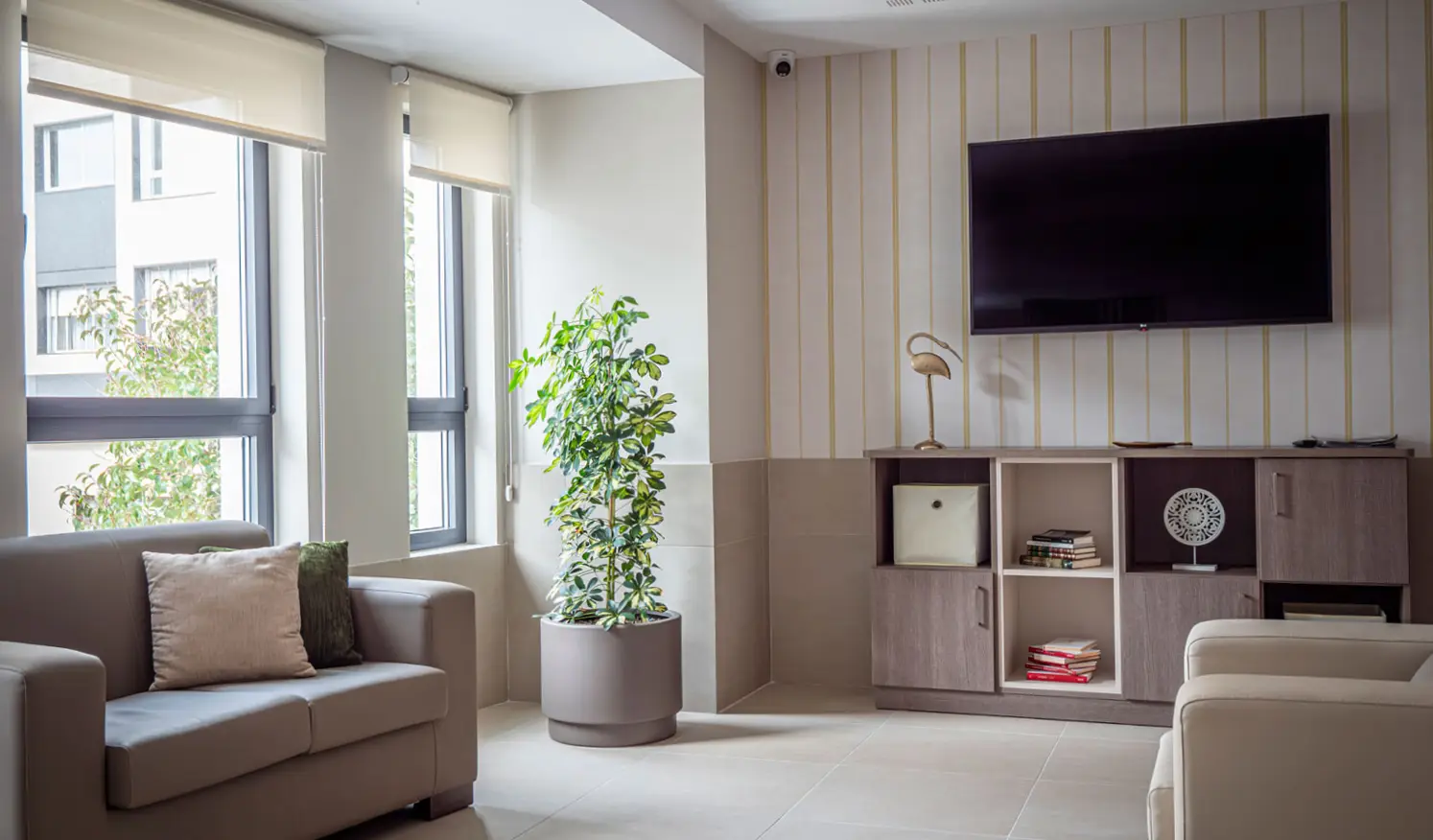 zona común con asientos vegetación y televisión en residencia