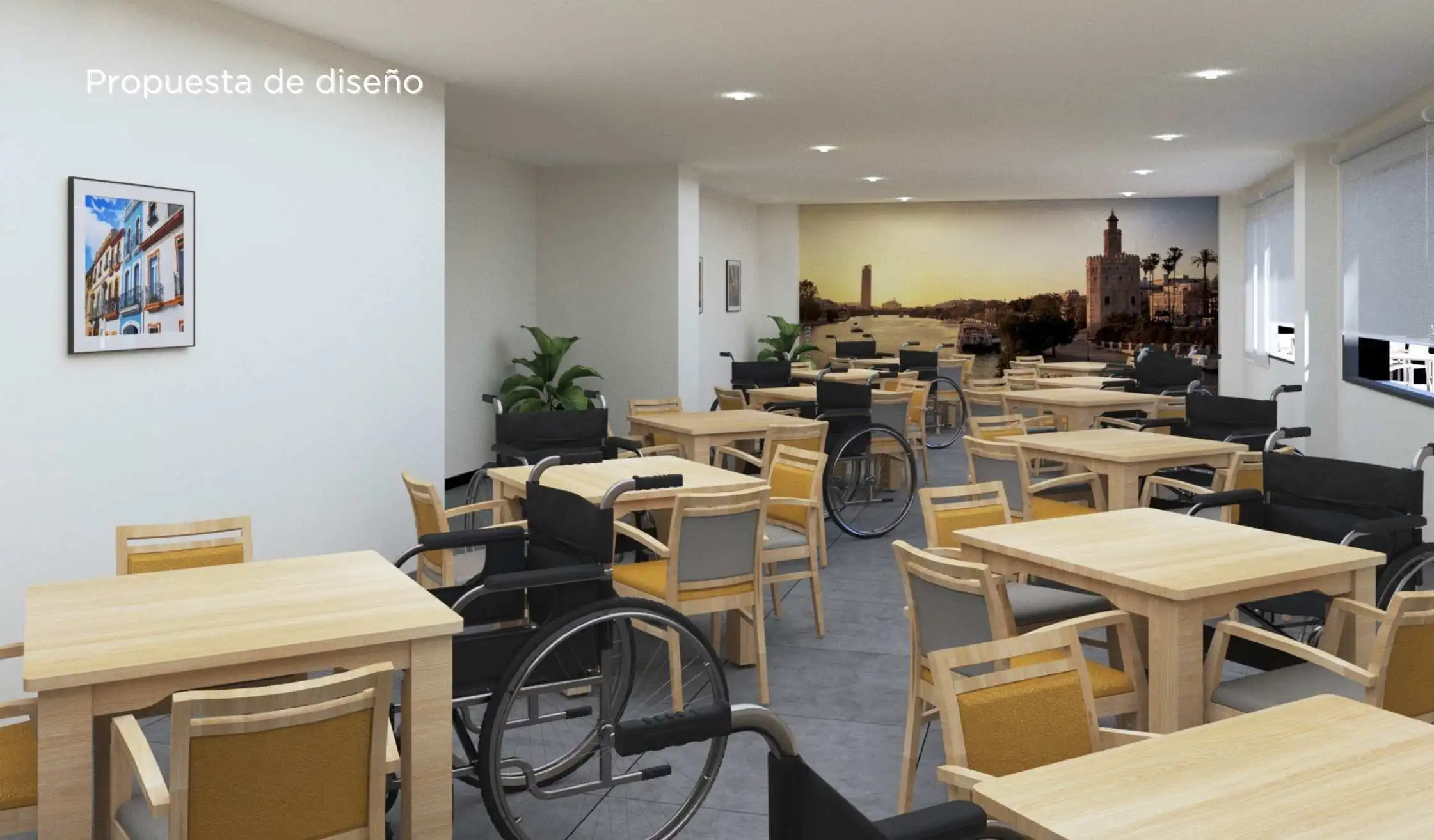 Render de diseño de espacio adaptado a mayores y personas con movilidad reducida