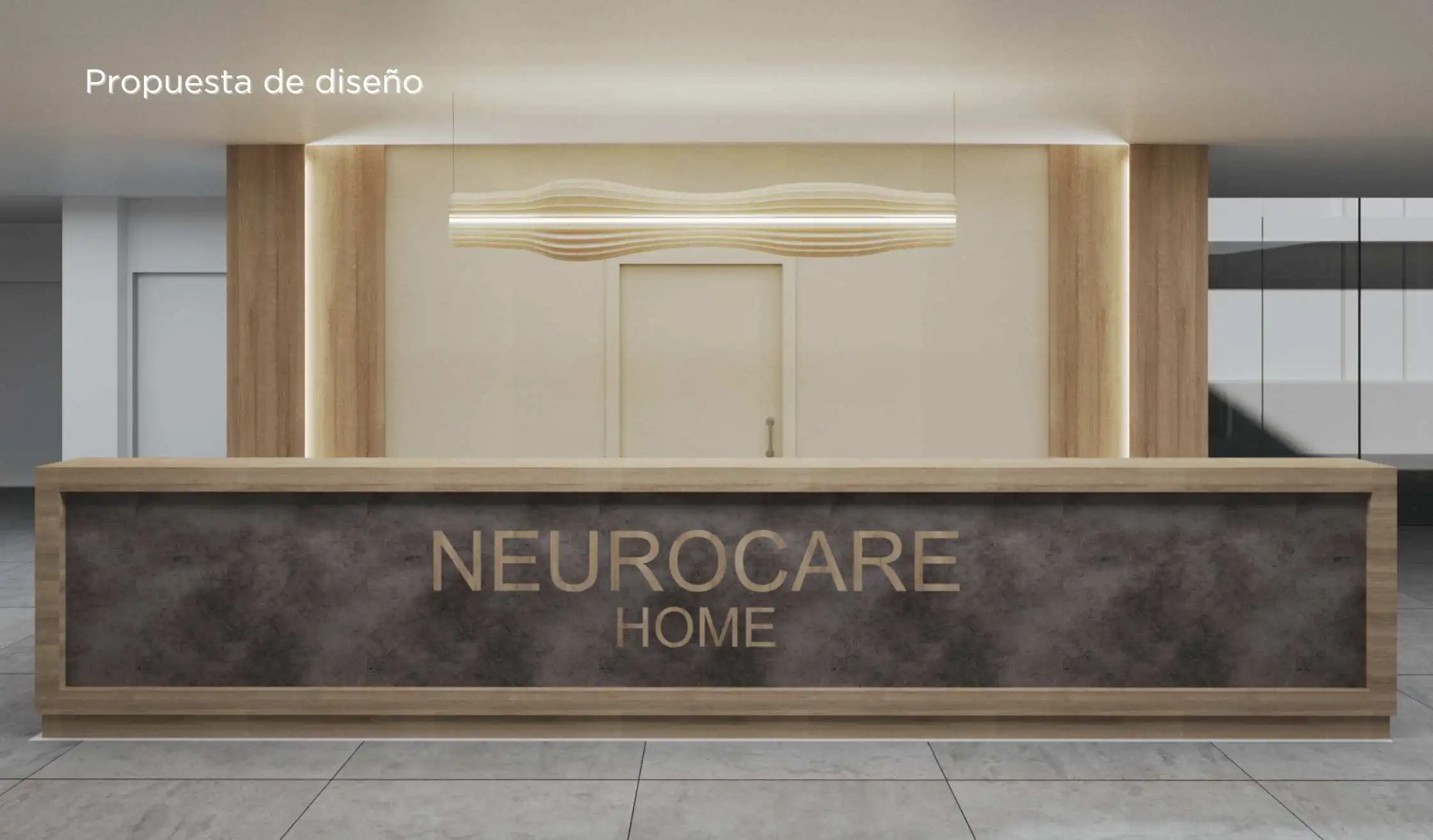 Render de diseño de recepción de carpintería a medida