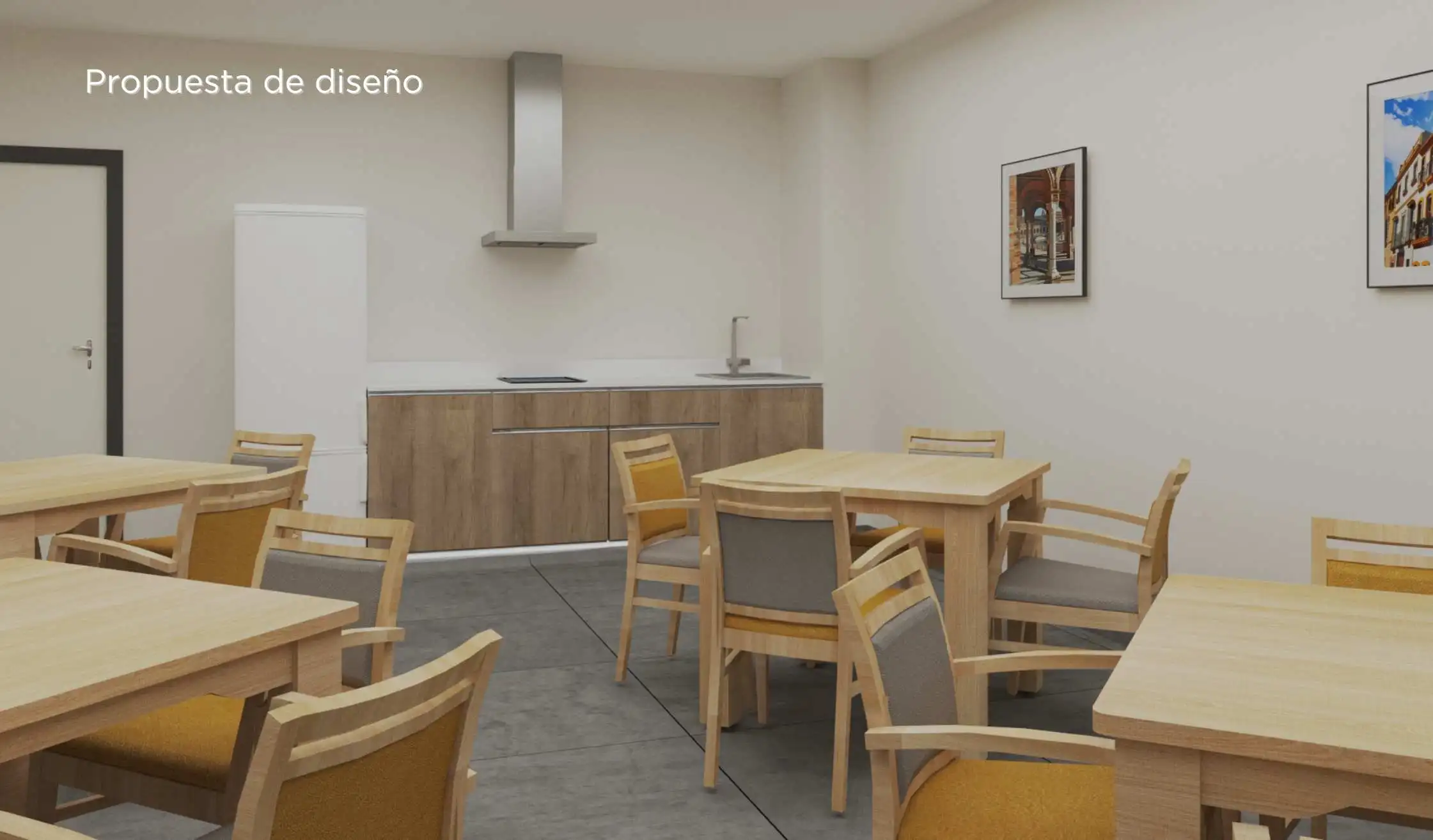 Render de diseño de zonas comunes de residencia de mayores en Sevilla