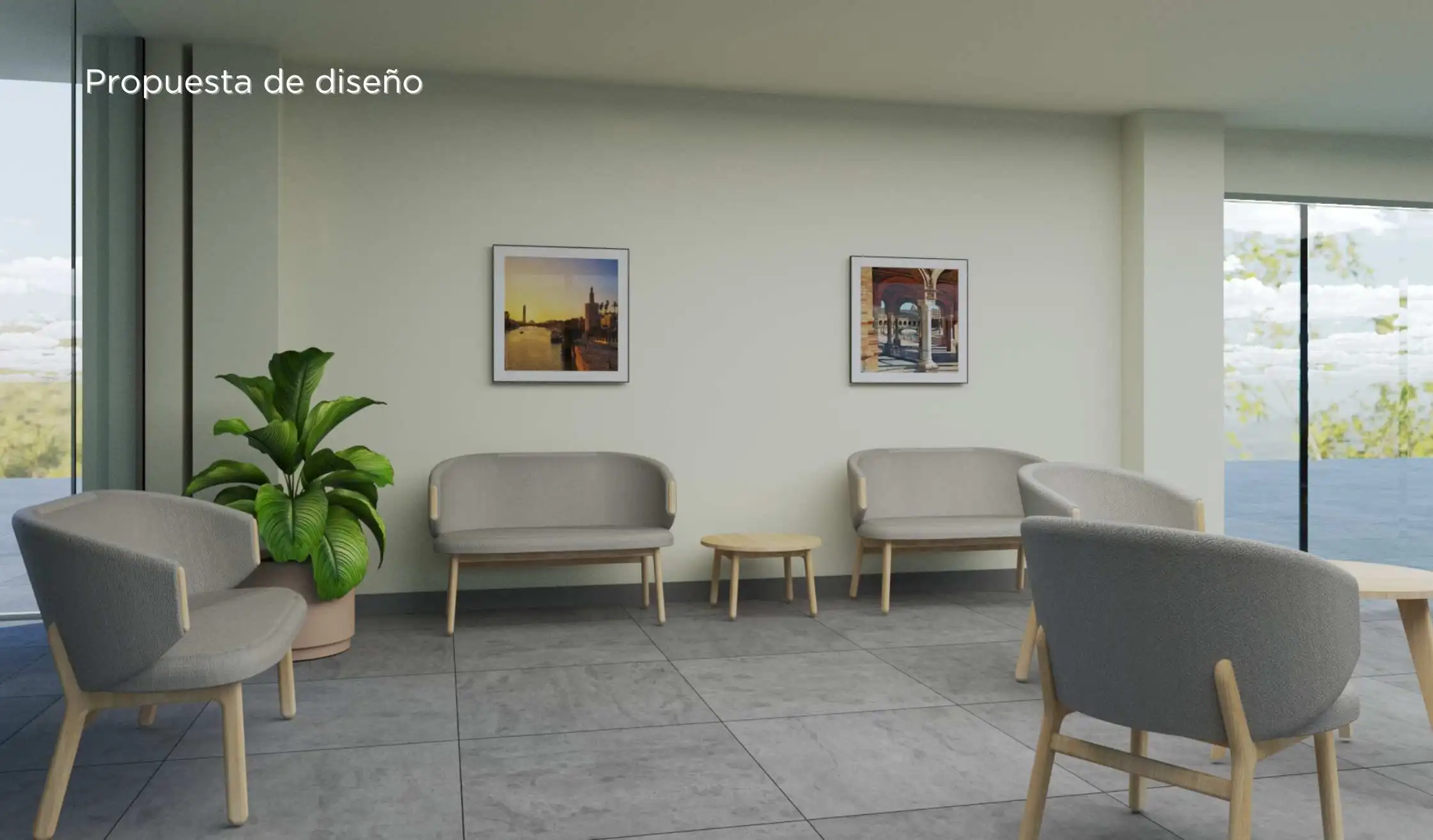 Render de diseño de mobiliario en espacio Senior Living
