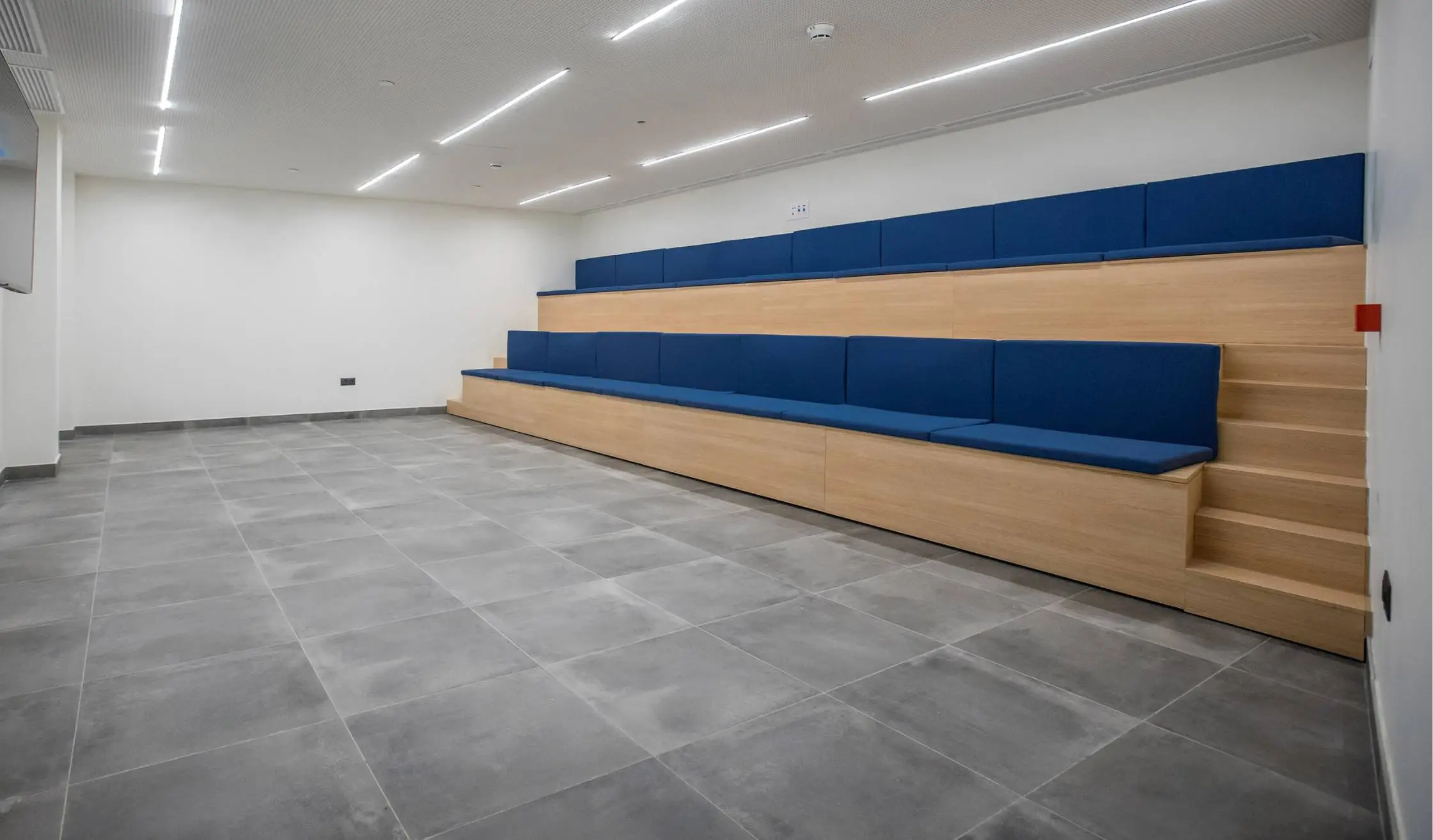Zona de ágora en sala de TV común, con mobiliario a medida