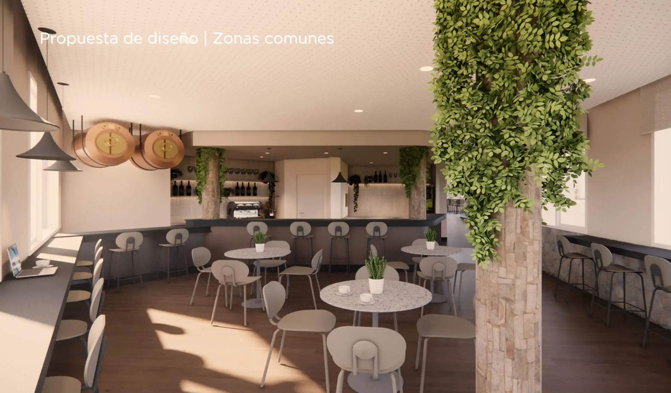 Propuesta de diseño de hotel_Cafetería de hotel con mobiliario y barra a medida