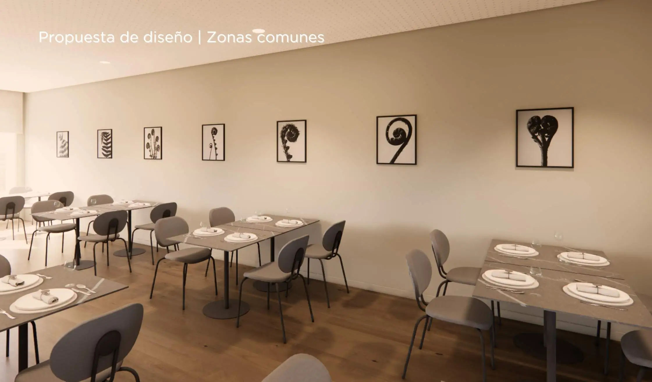 Propuesta de diseño de hotel_Detalle de comedor con sillas, mesas, menaje y cuadros en hotel