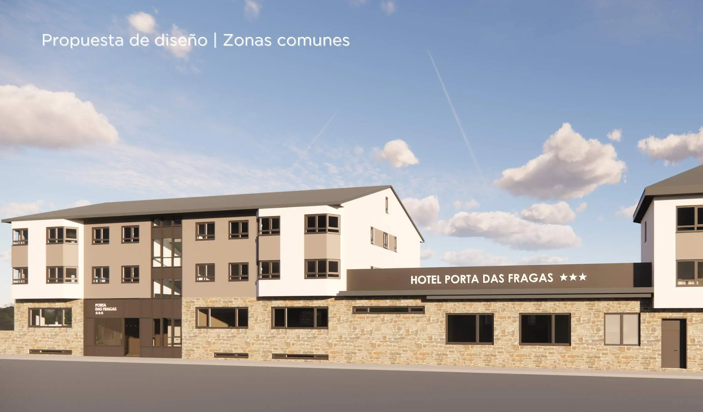 Propuesta de diseño de hotel_Fachada de hotel con rotulación exterior