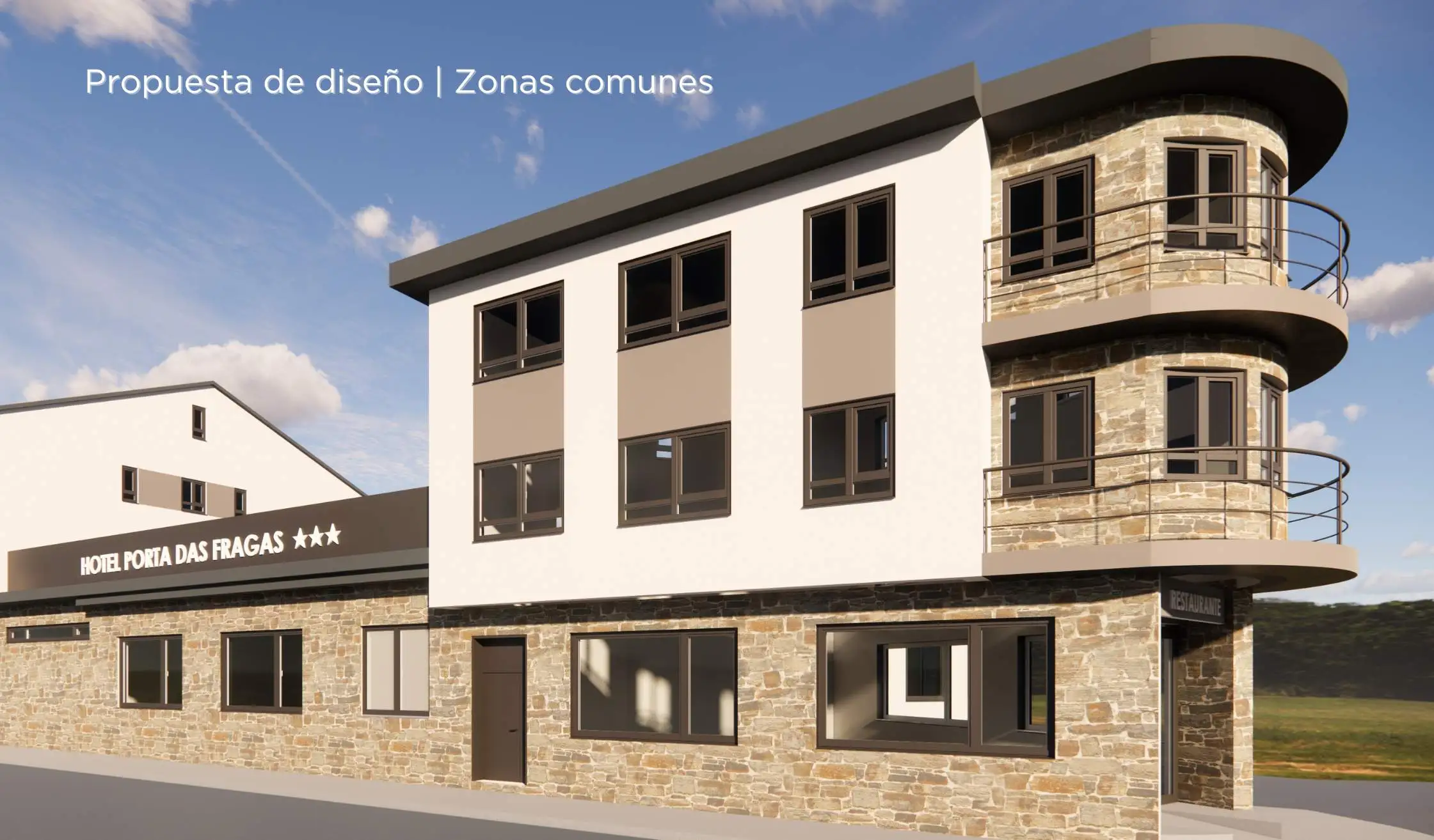 Propuesta de diseño de hotel_Fachada de hotel con ventanas y cartelería exterior