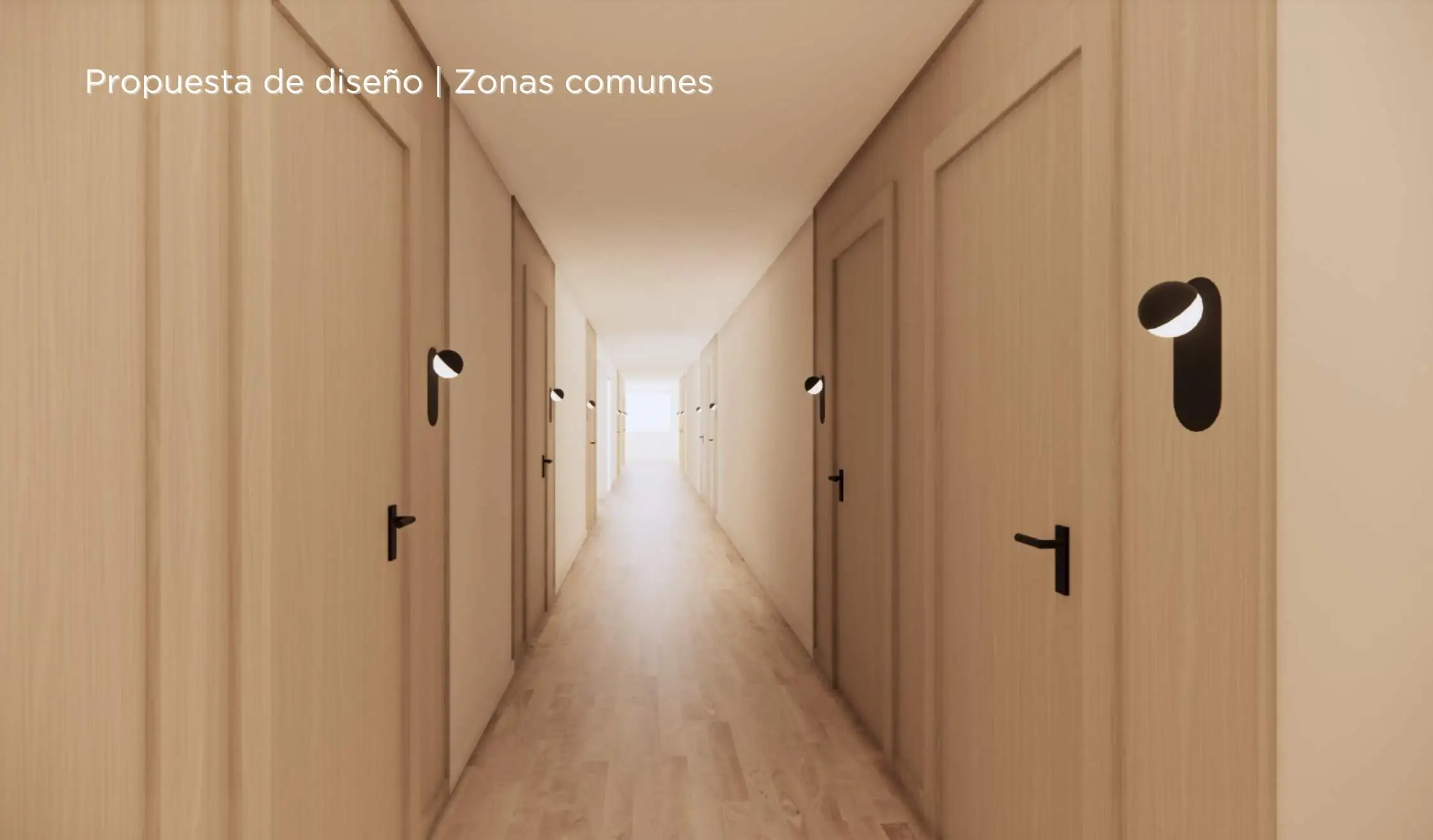 Propuesta de diseño de hotel_Pasillo de habitaciones de hotel con apliques y señalética