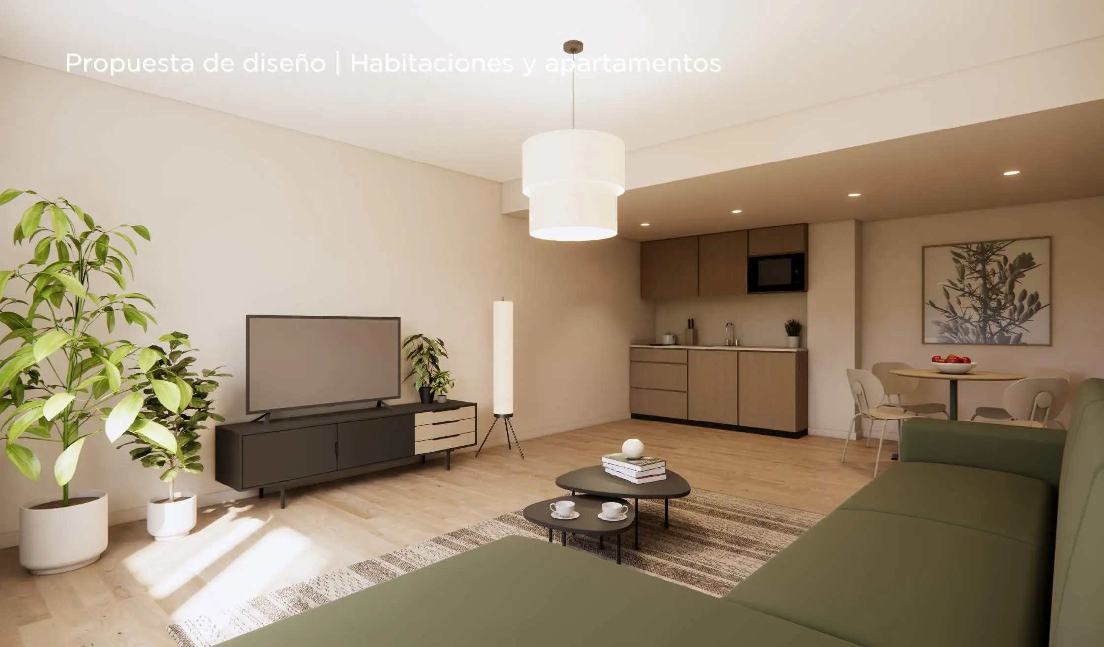 Propuesta de diseño de hotel_Cocina de carpintería a medida y salón con TV en hotel