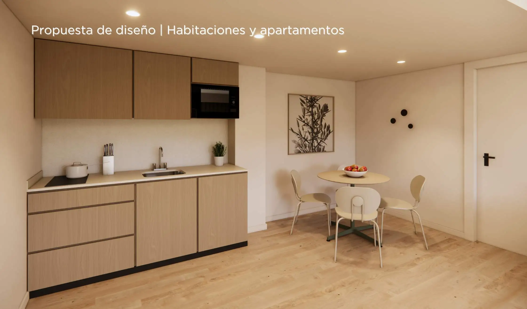 Propuesta de diseño de hotel_Cocina de carpintería a medida y mesa de comedor