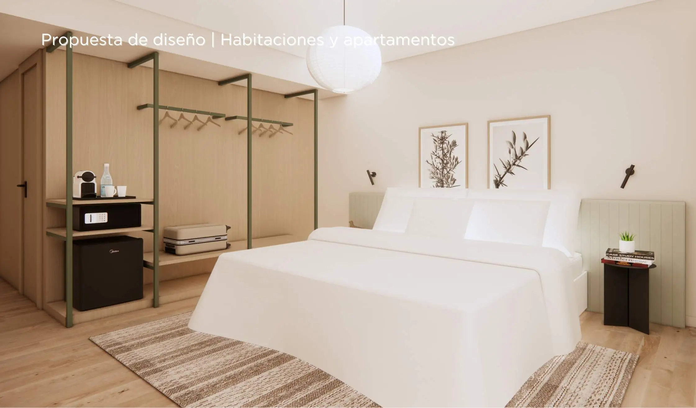 Propuesta de diseño de hotel_Cama doble en habitación equipada en hotel en Galicia
