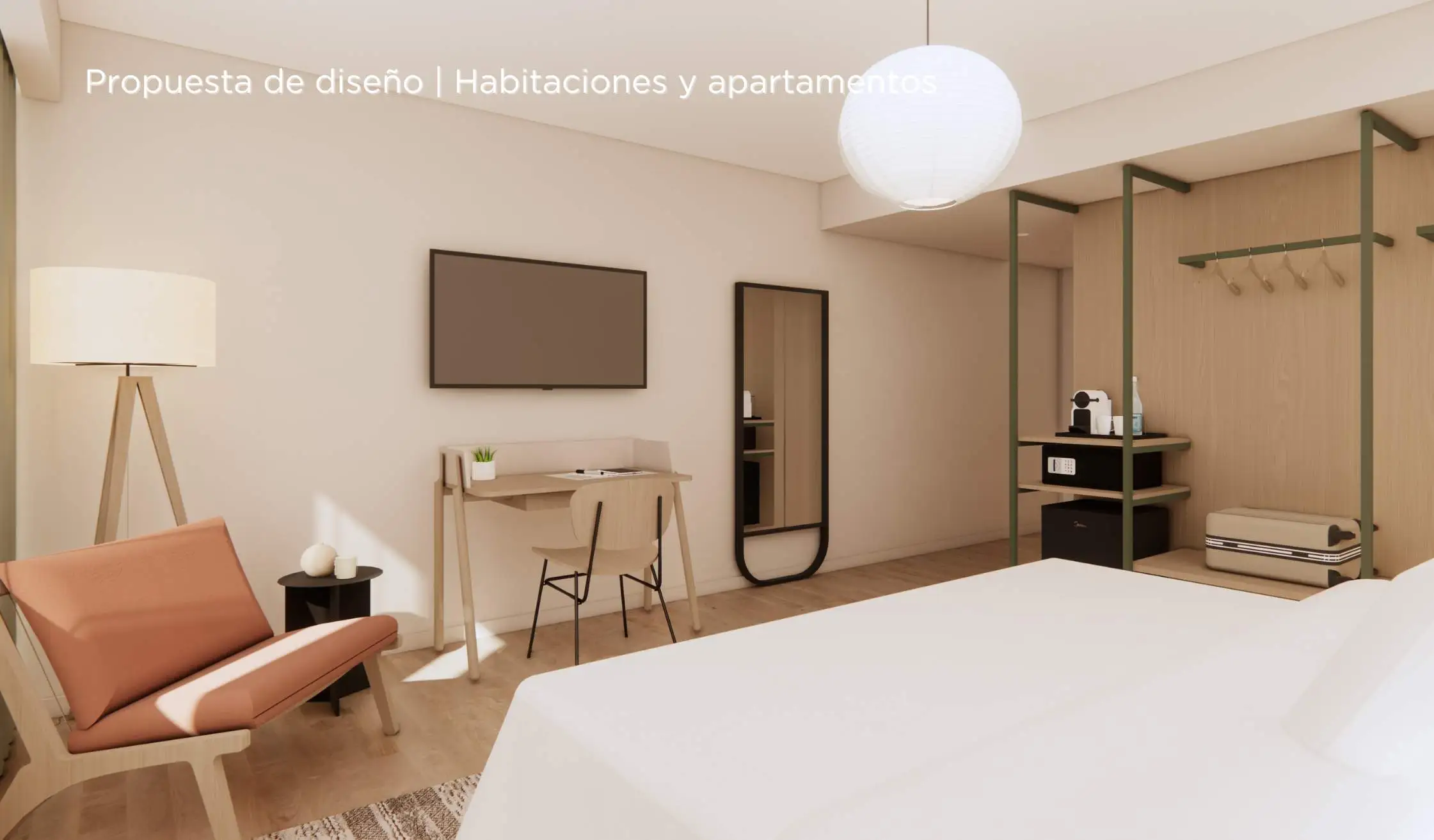 Propuesta de diseño de hotel_Detalle de equipamiento y atrezzo de habitación de hotel