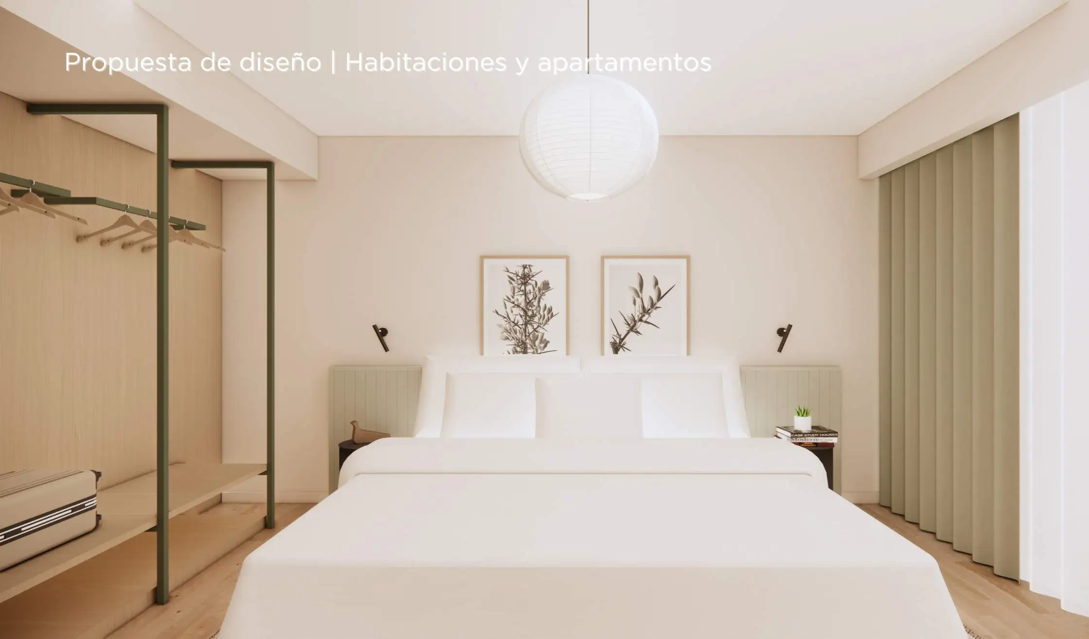 Propuesta de diseño de hotel_Habitación de hotel con tonos neutros y verdes