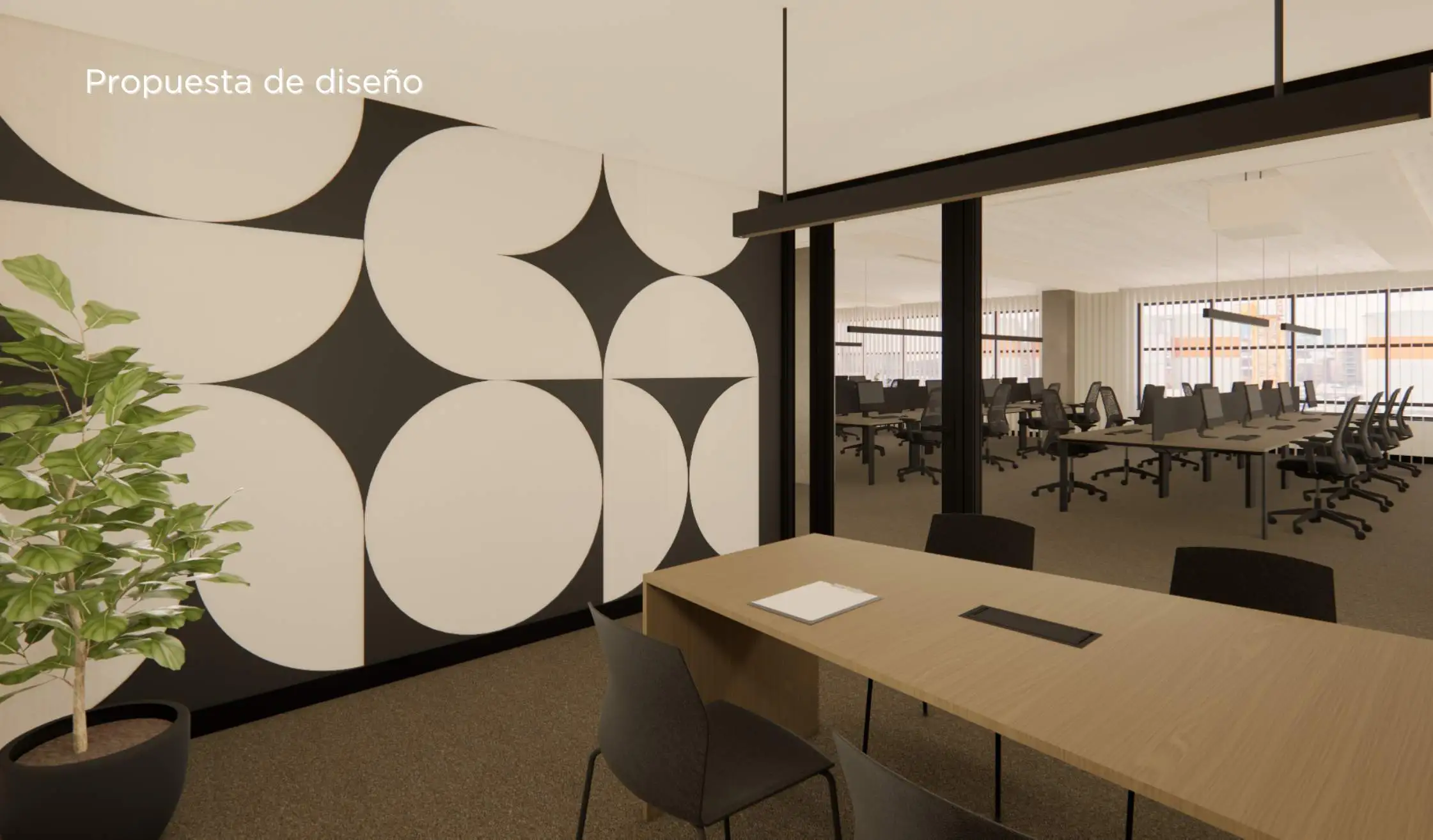 Propuesta de diseño_ Paneles acústicos con mesa de madera