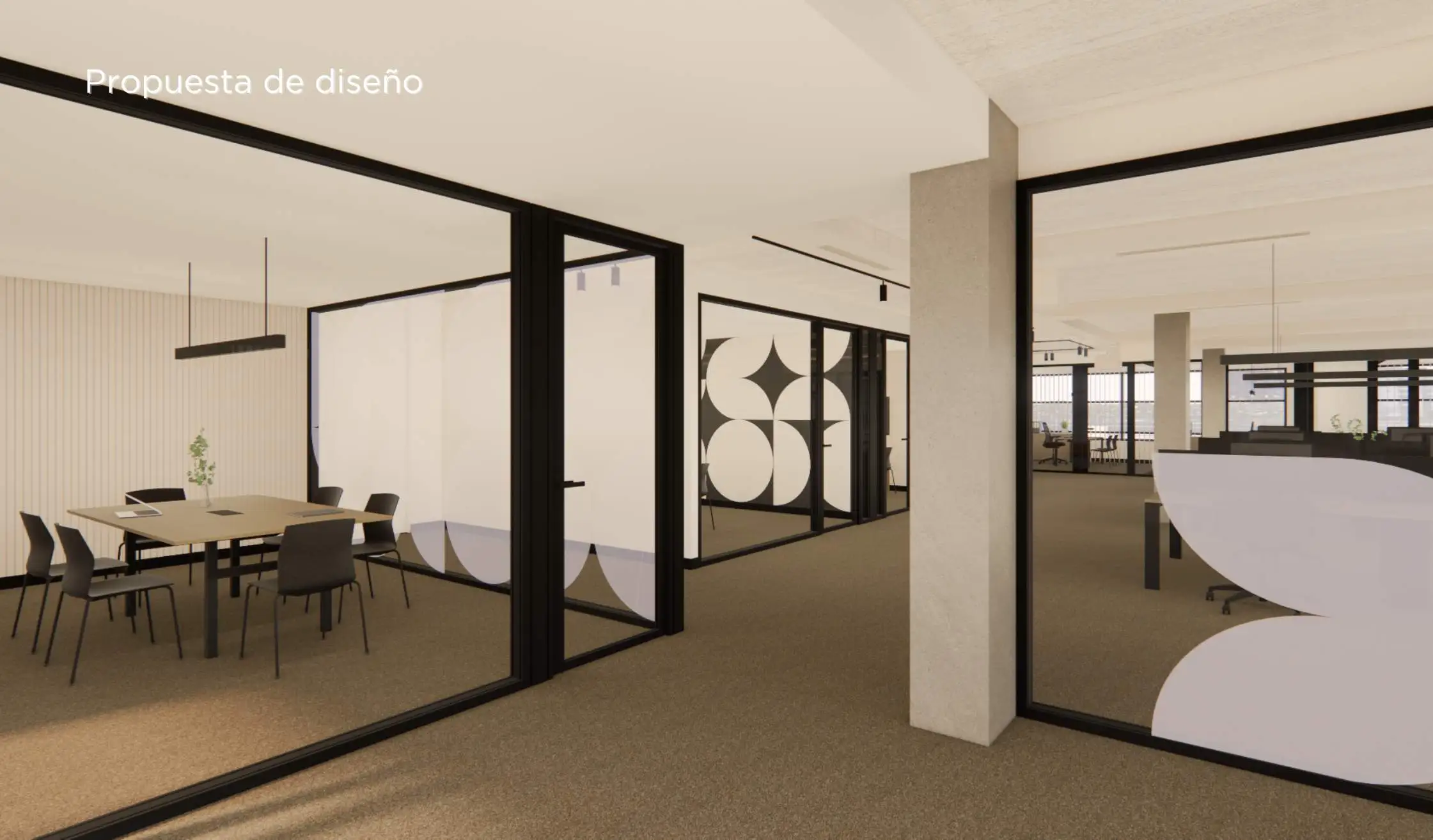 Propuesta de diseño_ Zonas de oficina separadas mediante mamparas de vidrio