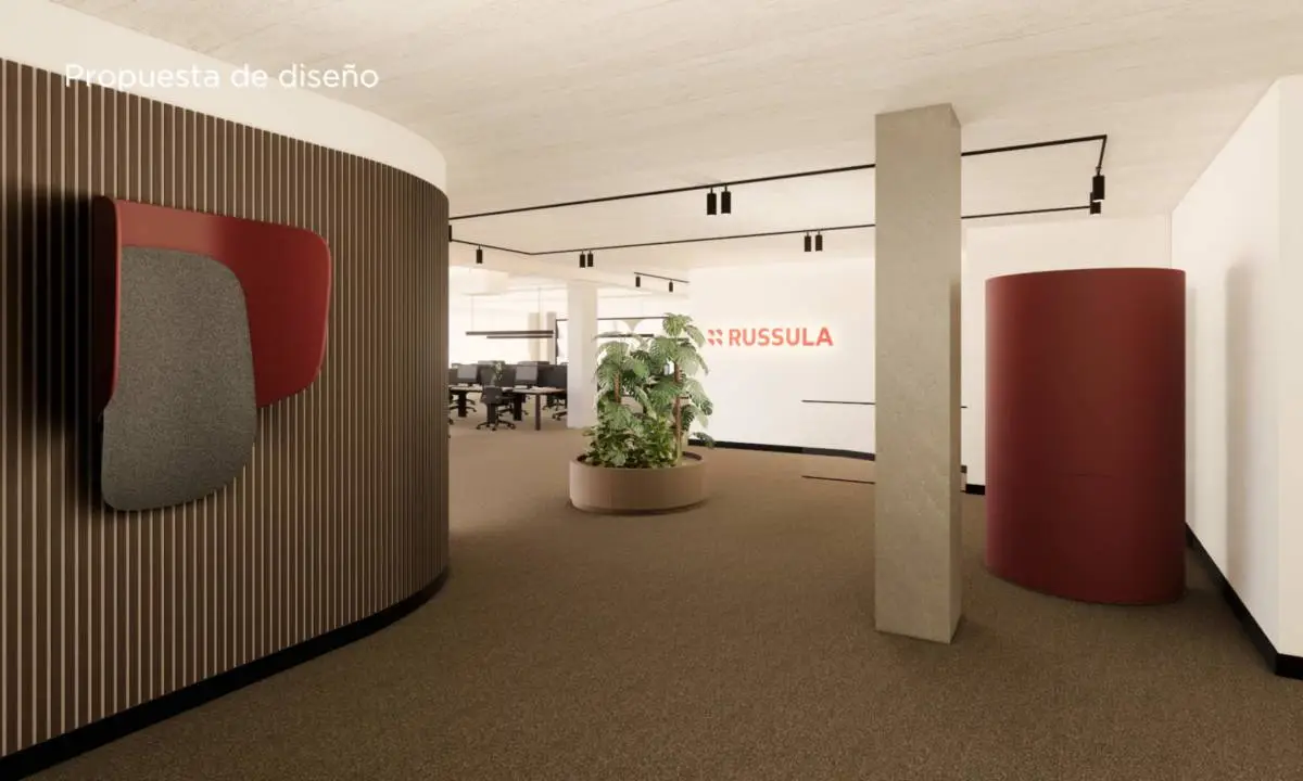 Propuesta de diseño_ Hall de entrada con lamas de madera y rótulo corporativo