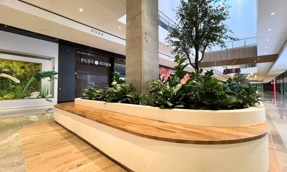 Jardinera a medida con plantas y vegetación en zonas comunes de espacio comercial