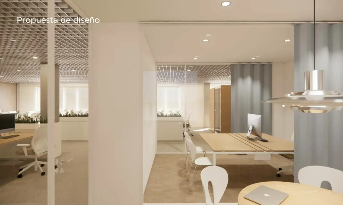 Propuesta de diseño_Espacio de trabajo abierto en tonos claros con mobiliario estándar
