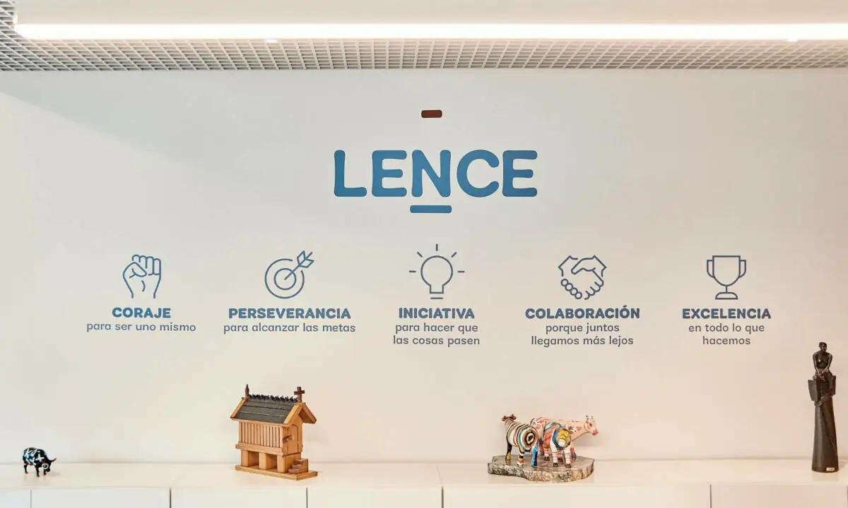 Pared de oficina con detalles de rotulación corporativa