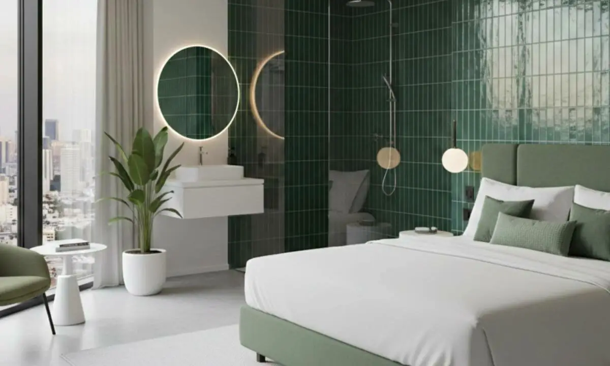 Habitación doble de hotel con ducha de alicatado verde y ventanales hacia ciudad
