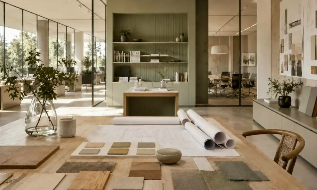 Moodboard de materiales sostenibles en espacio común de oficina de diseño y arquitectura
