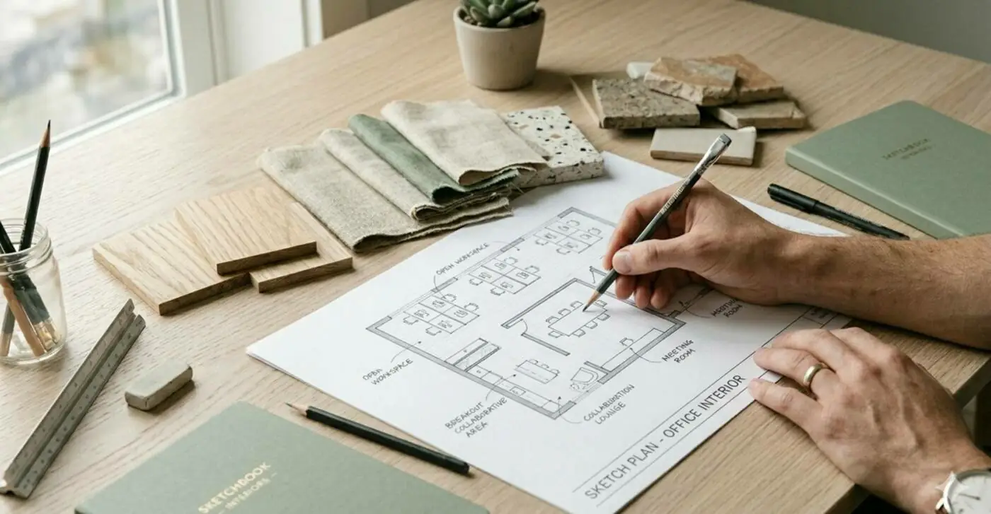 Arquitecto trabajando sobre plano a mano alzada en