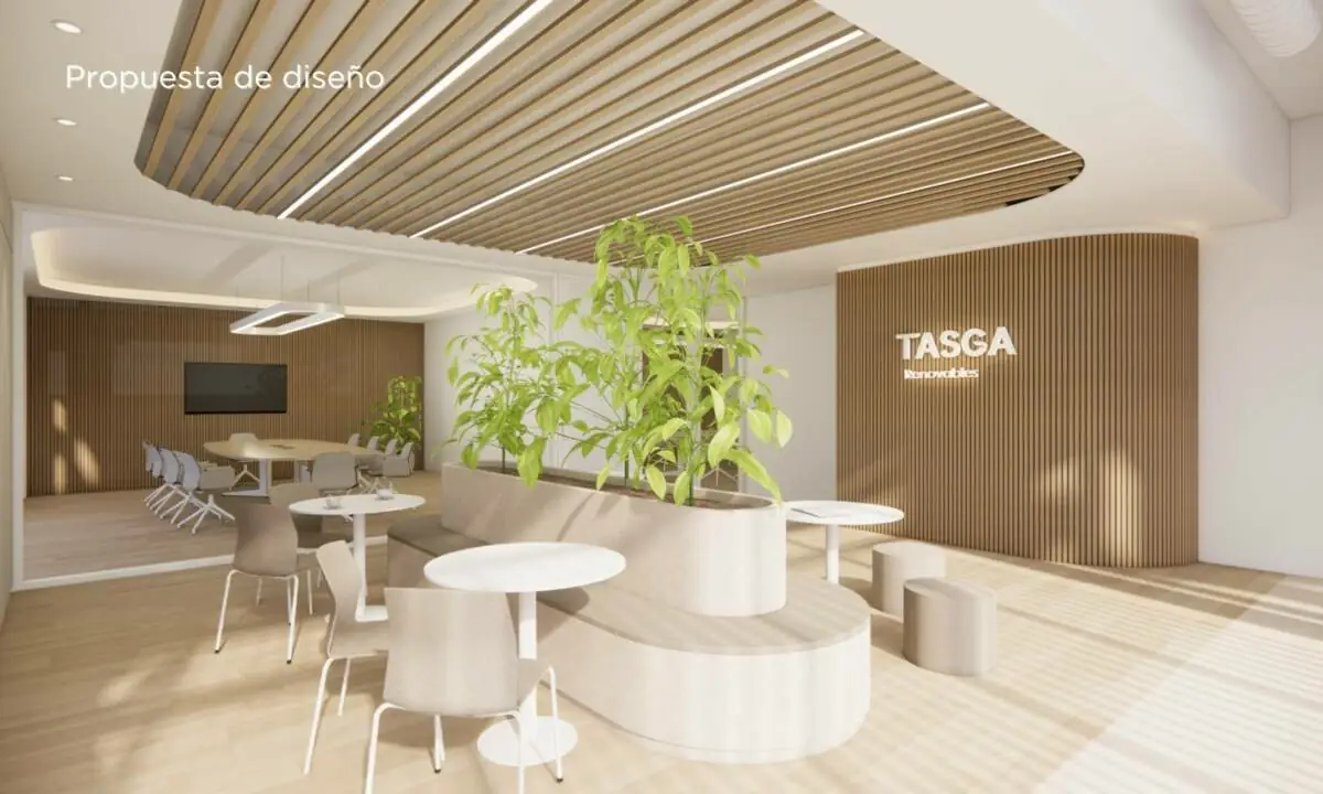 Propuesta de diseño de oficina en Galicia_ Zona de cafetería con mobiliario a medida