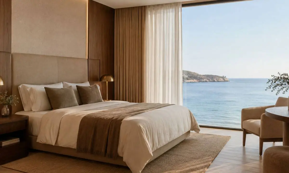Habitación doble de hotel con vistas al mar, con cama grande con textiles de tonos tierra y beige