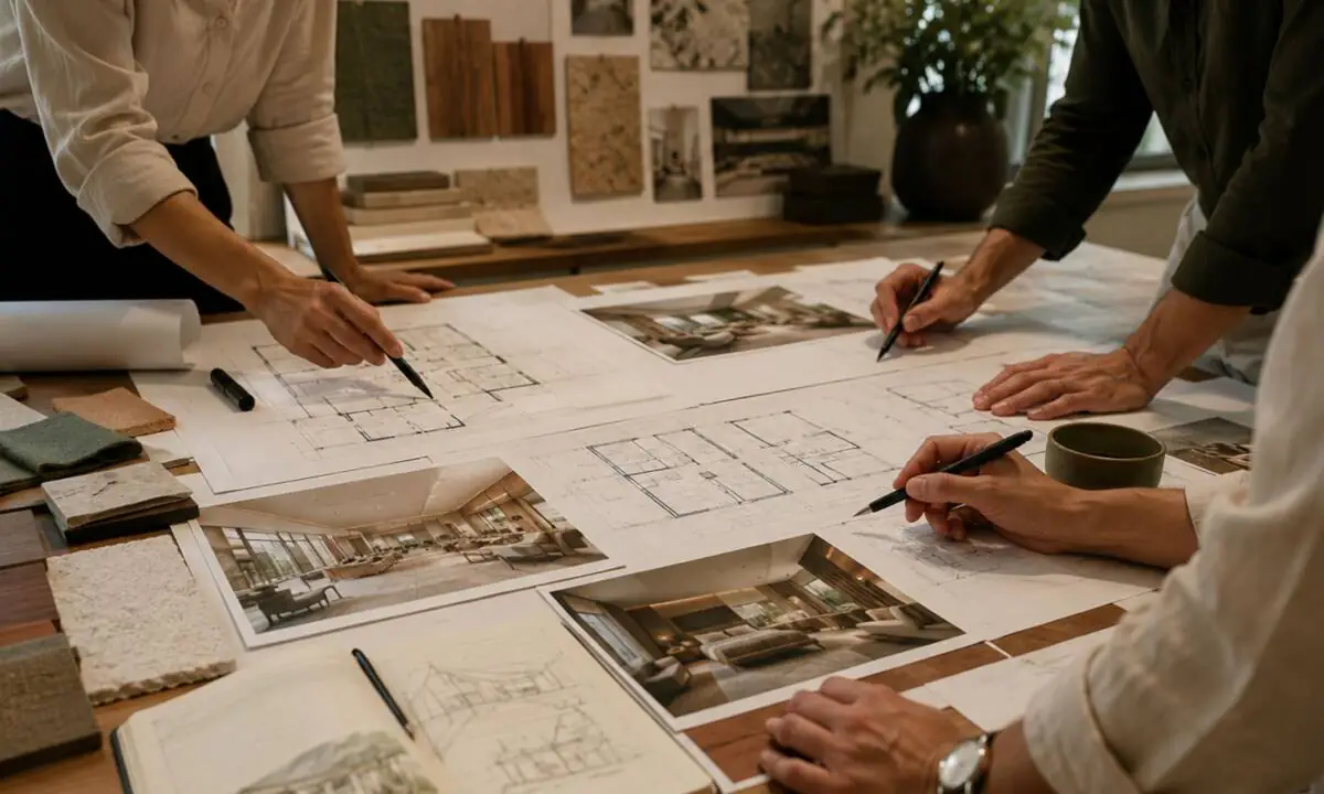 Equipo de diseño con planos, renders y moodboard de espacio hotelero para proyecto de reforma en hotel