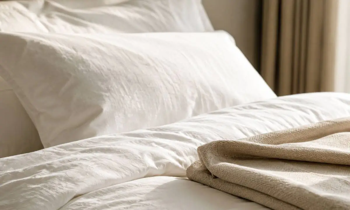 Detalle de textil de cama de hotel con sábanas y textiles de color blanco